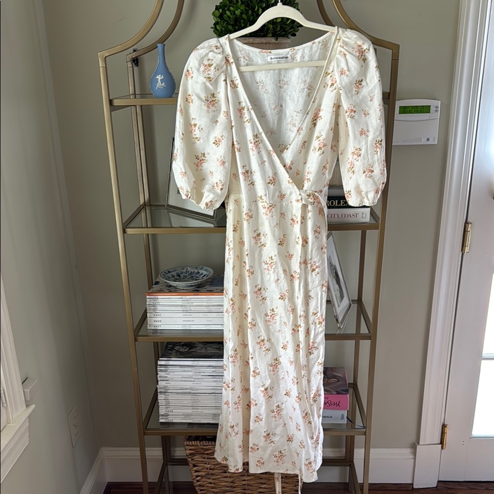 Reformation Cream Floral Wrap Midi Dress